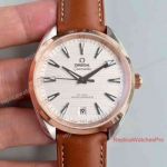 Swiss Fale Omega Seamaster 2-Tone Rose Gold White Face Brown Leather Band Watch